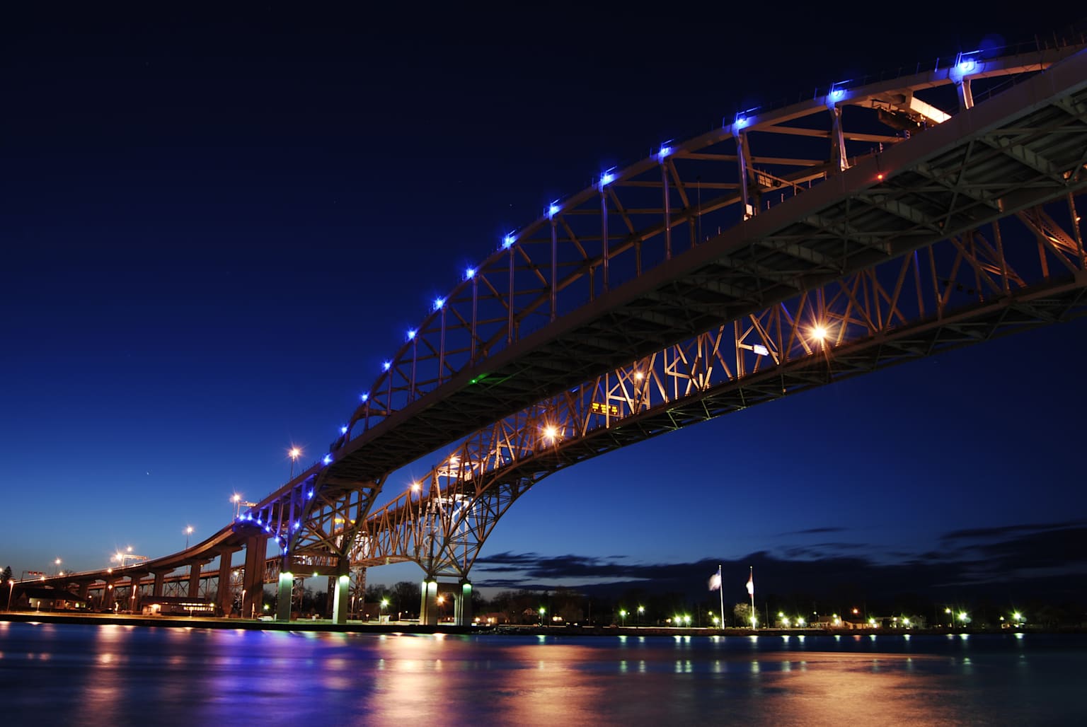 Blue Water Bridge at night in Port Huron, Michigan